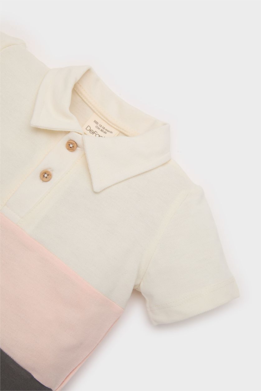 Erkek Bebek Gri Polo Yaka Renk Bloklu Pike Kısa Kollu Tişört Erkek Bebek