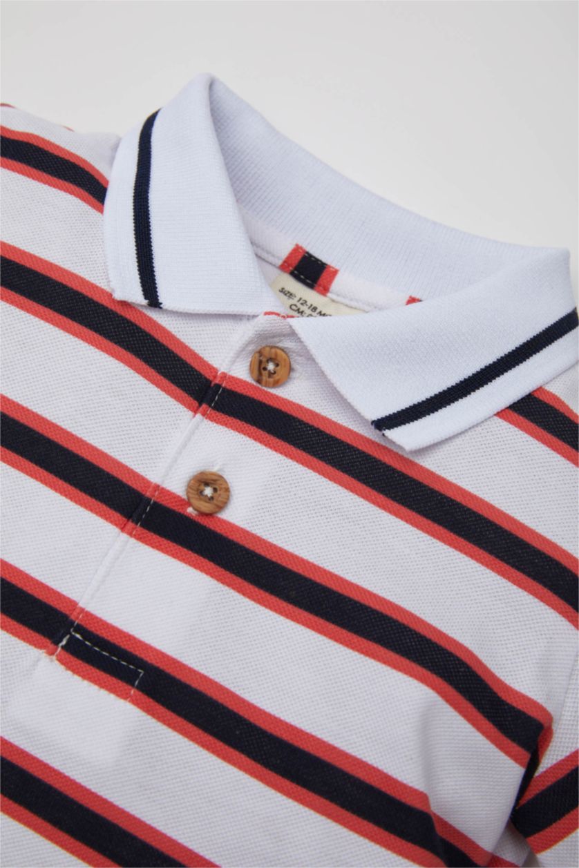 Erkek Bebek Beyaz Erkek Bebek Çizgili Pike Kısa Kollu Polo Tişört