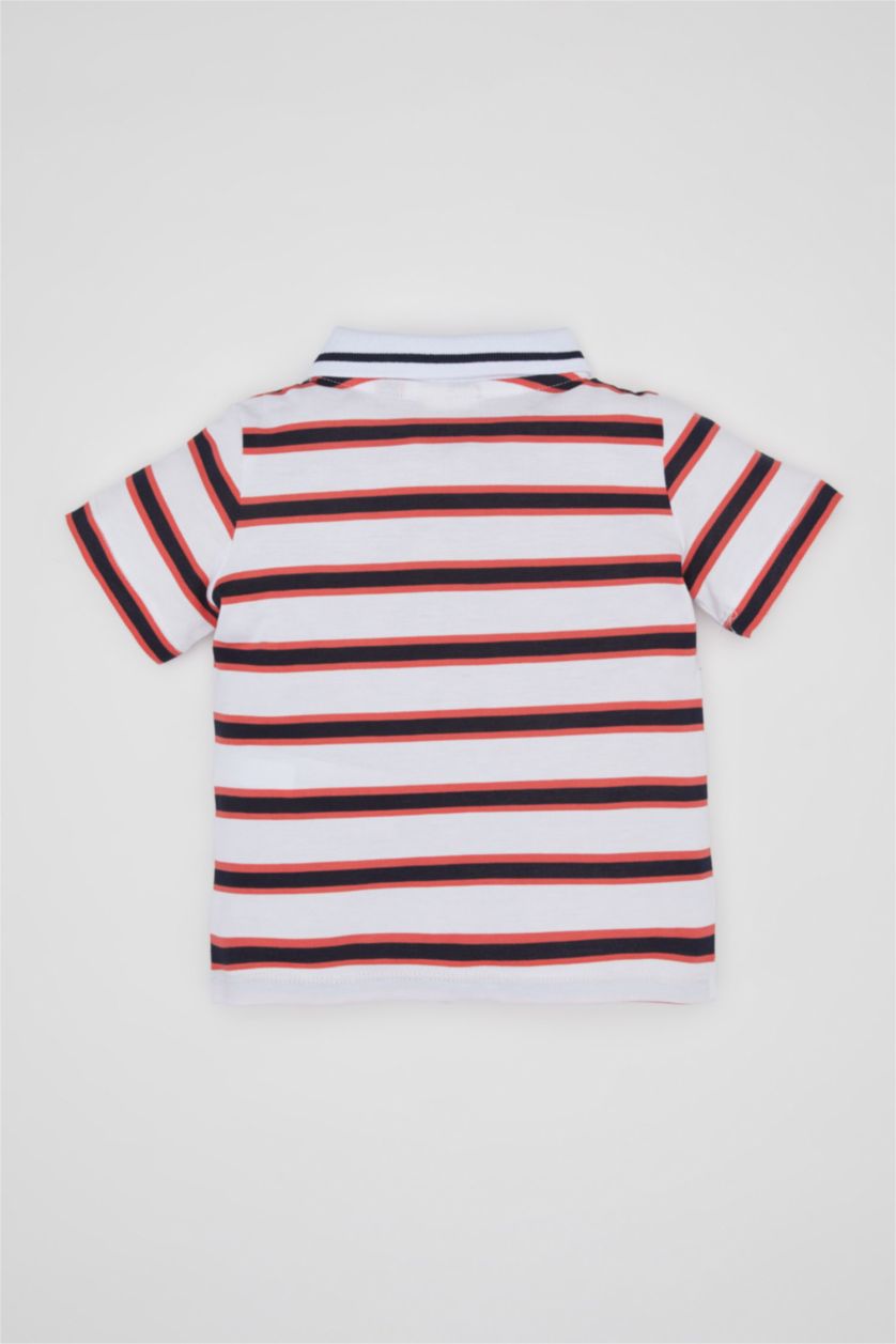 Erkek Bebek Beyaz Erkek Bebek Çizgili Pike Kısa Kollu Polo Tişört