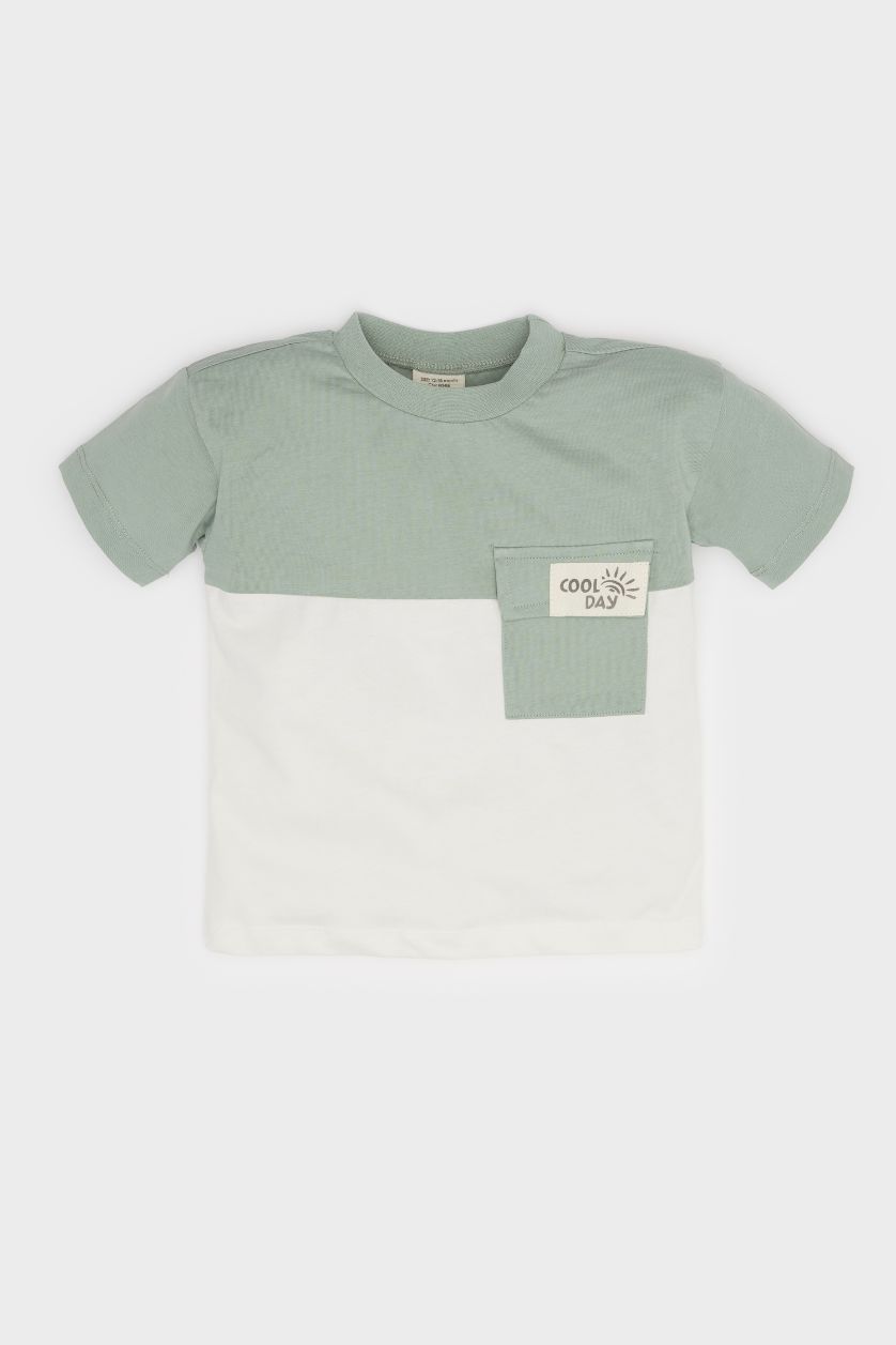 Erkek Bebek Açık Yeşil Bisiklet Yaka Renk Bloklu Kısa Kollu Tişört Erkek Bebek