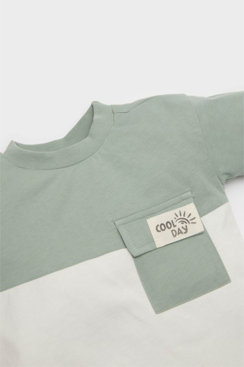 Erkek Bebek Açık Yeşil Bisiklet Yaka Renk Bloklu Kısa Kollu Tişört Erkek Bebek