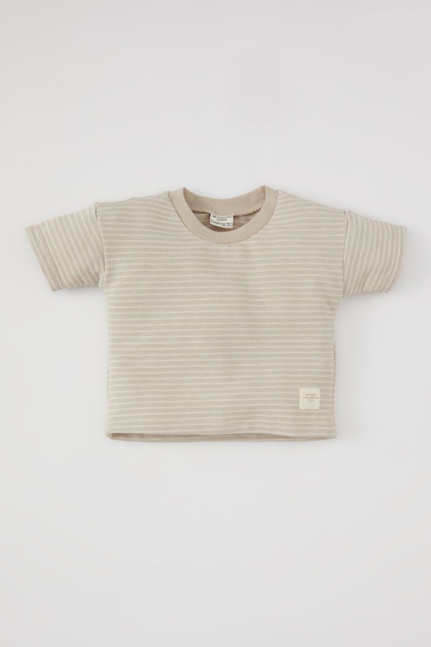 BÉBÉ GARÇON Beige T-Shirt à Manches Courtes à Rayures et Col rond pour Bébé Garçon