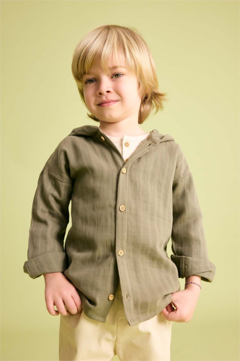 BABY BOY Khaki Baby Boy Hooded Textured Long Sleeve Shirt