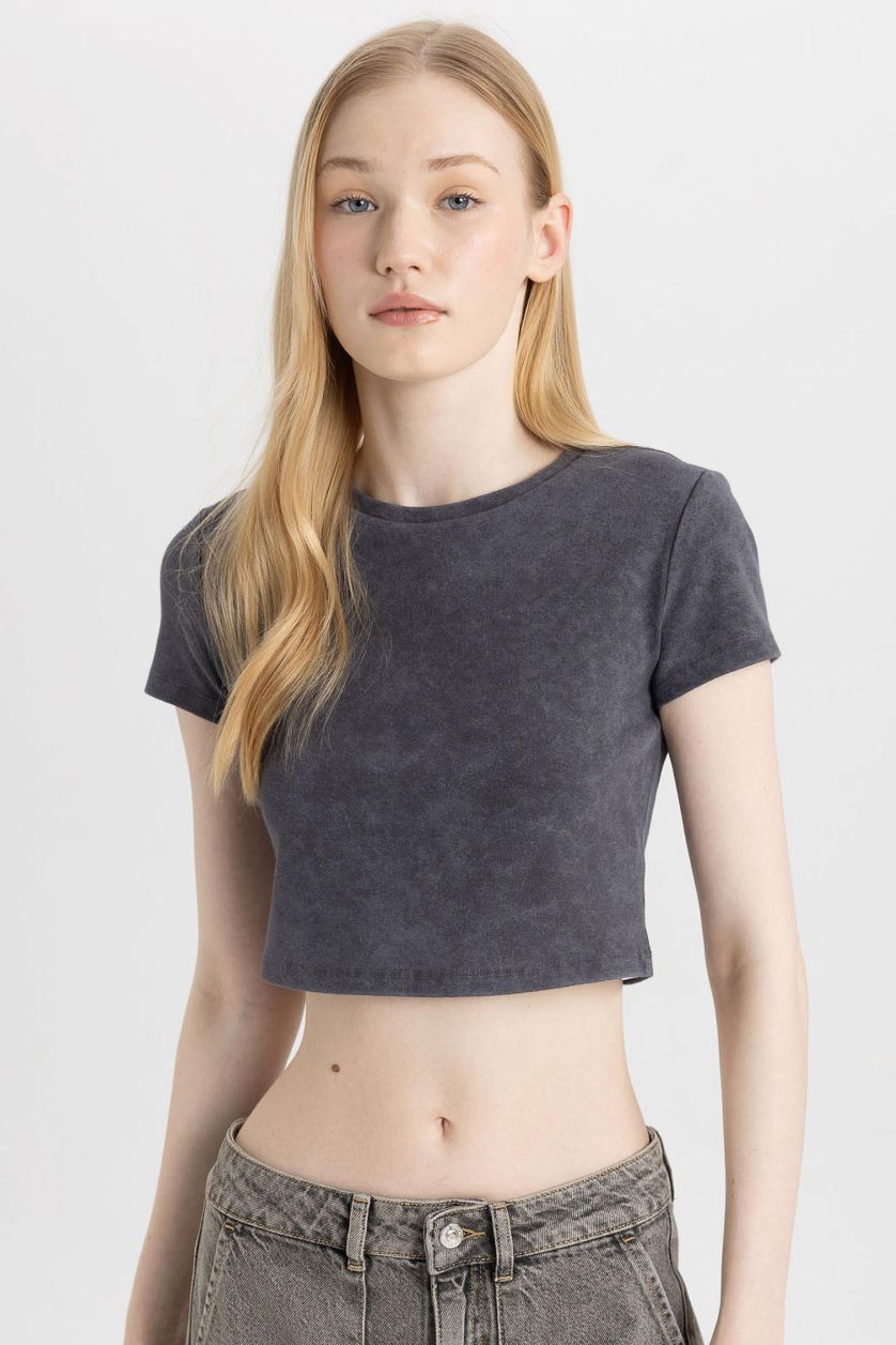 WOMAN Anthracite Fitted Washed Faded Effect Basic T-Shirt