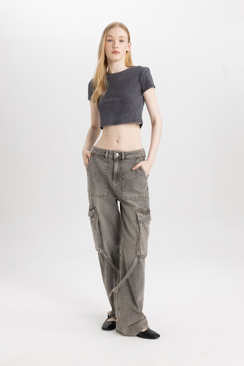 WOMAN Anthracite Fitted Washed Faded Effect Basic T-Shirt