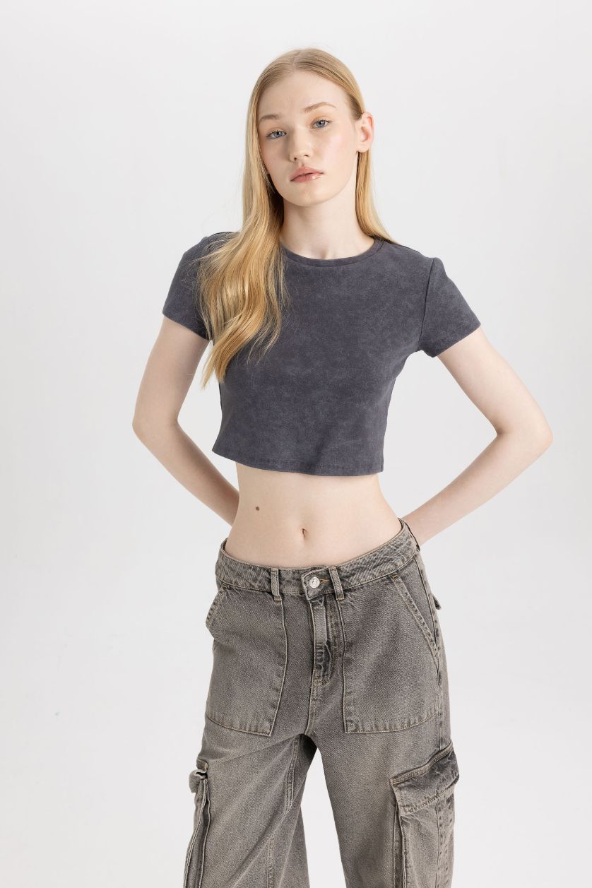 WOMAN Anthracite Fitted Washed Faded Effect Basic T-Shirt