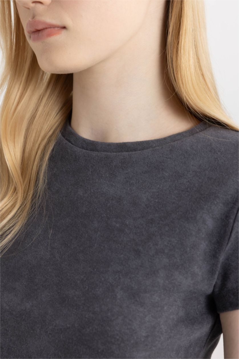 WOMAN Anthracite Fitted Washed Faded Effect Basic T-Shirt