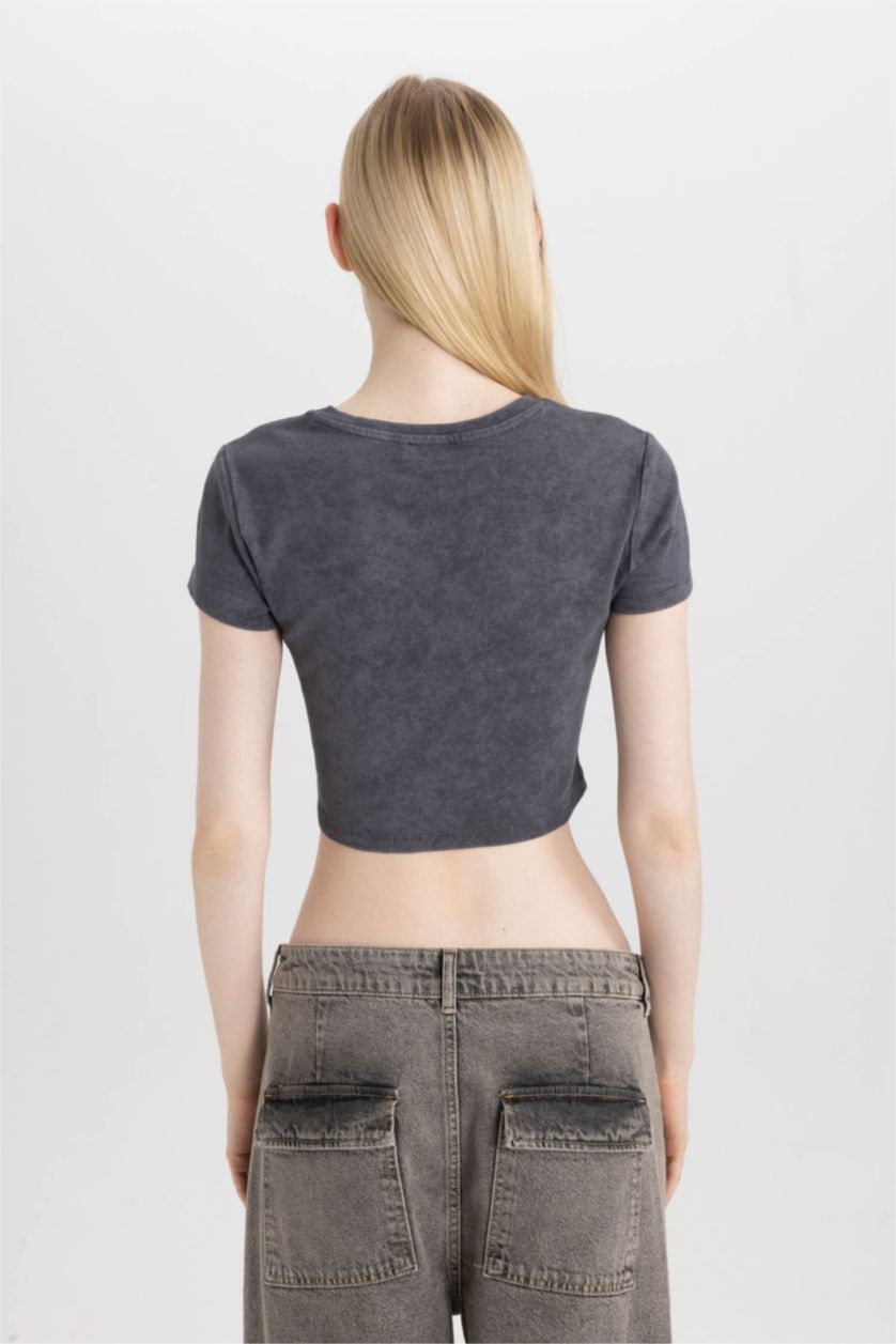WOMAN Anthracite Fitted Washed Faded Effect Basic T-Shirt