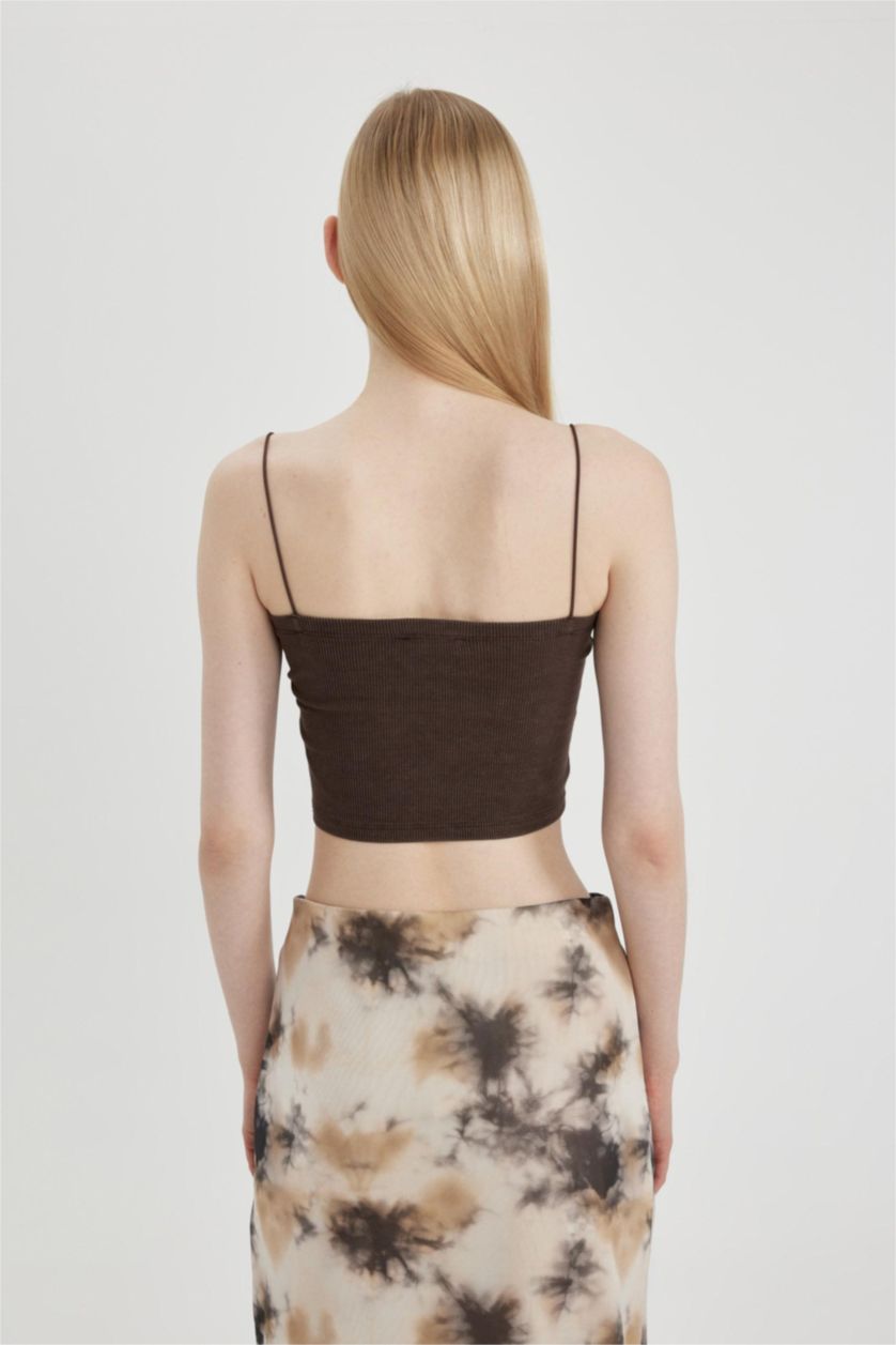 Woman Light Brown Fitted Ribbed Camisole Washed Faded Effect Undershirt