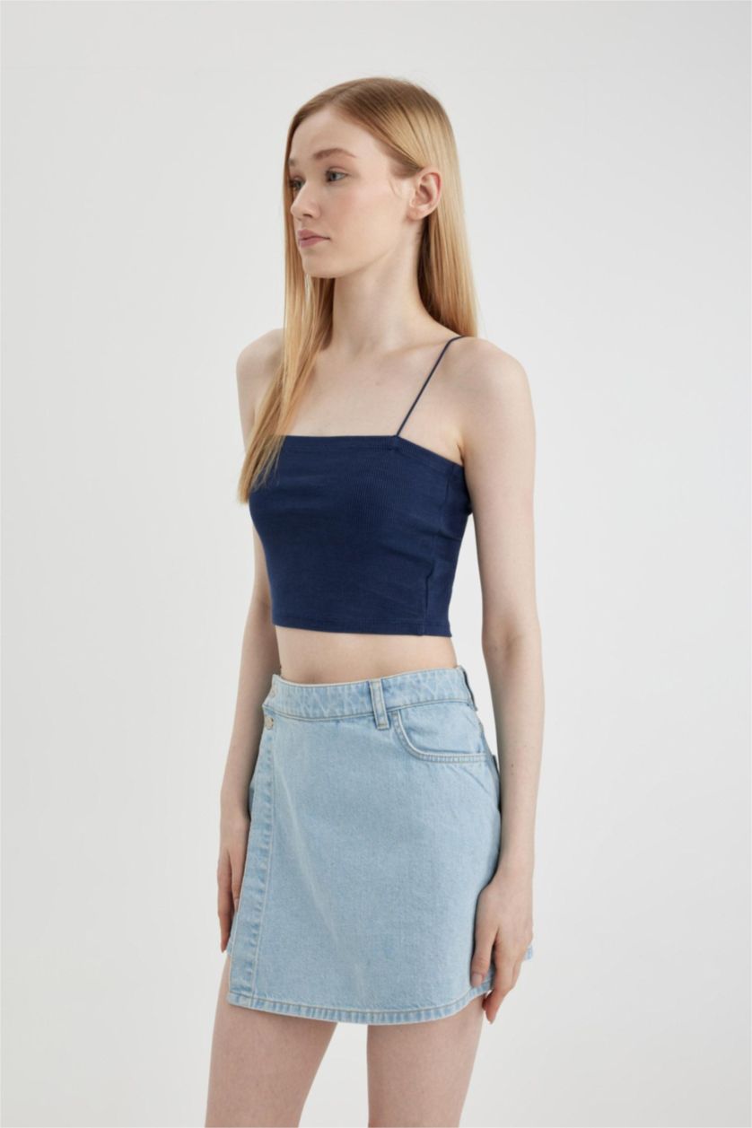 Kadın İndigo Fitted Fitilli Kaşkorse Yıkamalı Soluk Efektli Basic Düz Atlet