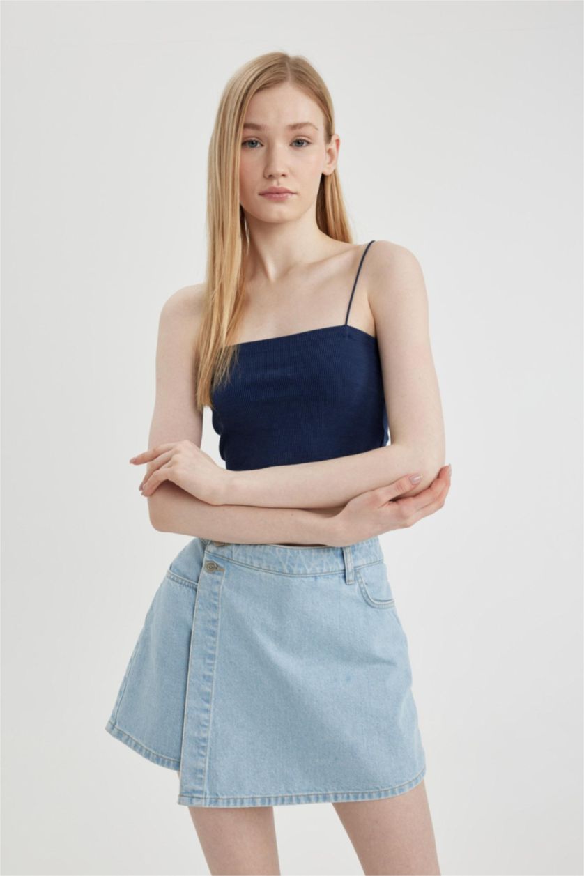 Kadın İndigo Fitted Fitilli Kaşkorse Yıkamalı Soluk Efektli Basic Düz Atlet