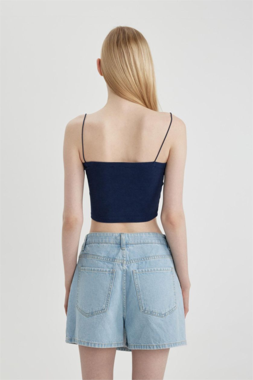 Kadın İndigo Fitted Fitilli Kaşkorse Yıkamalı Soluk Efektli Basic Düz Atlet