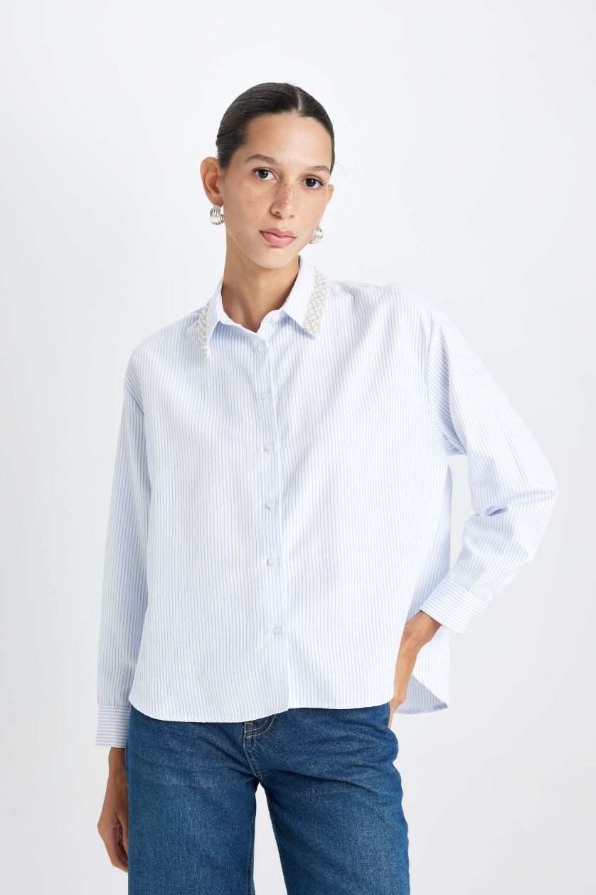 Kadın Violet Beyaz Oversize Geniş Kalıp Çizgili Yaka Boncuklu Oxford Uzun Kollu Gömlek