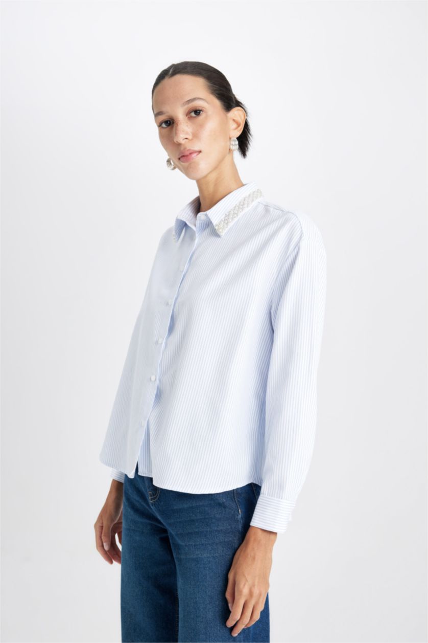 Kadın Violet Beyaz Oversize Geniş Kalıp Çizgili Yaka Boncuklu Oxford Uzun Kollu Gömlek