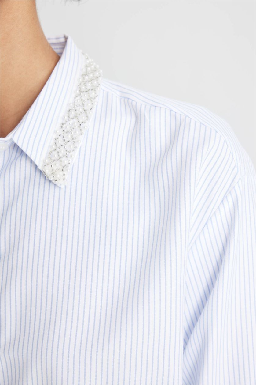 Kadın Violet Beyaz Oversize Geniş Kalıp Çizgili Yaka Boncuklu Oxford Uzun Kollu Gömlek