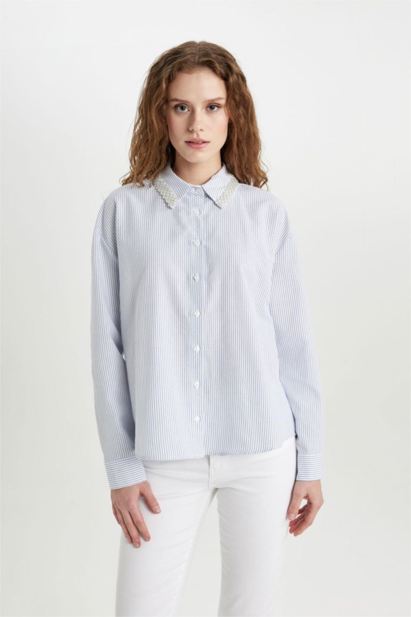 Woman White Oversize Fit Shirt Collar Striped Collar Beaded Detail Shirt