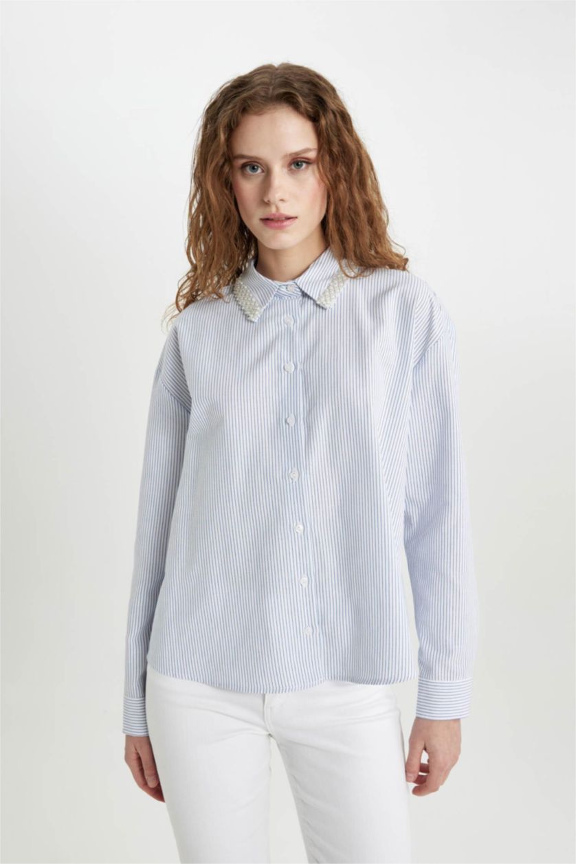 Woman White Oversize Fit Shirt Collar Striped Collar Beaded Detail Shirt
