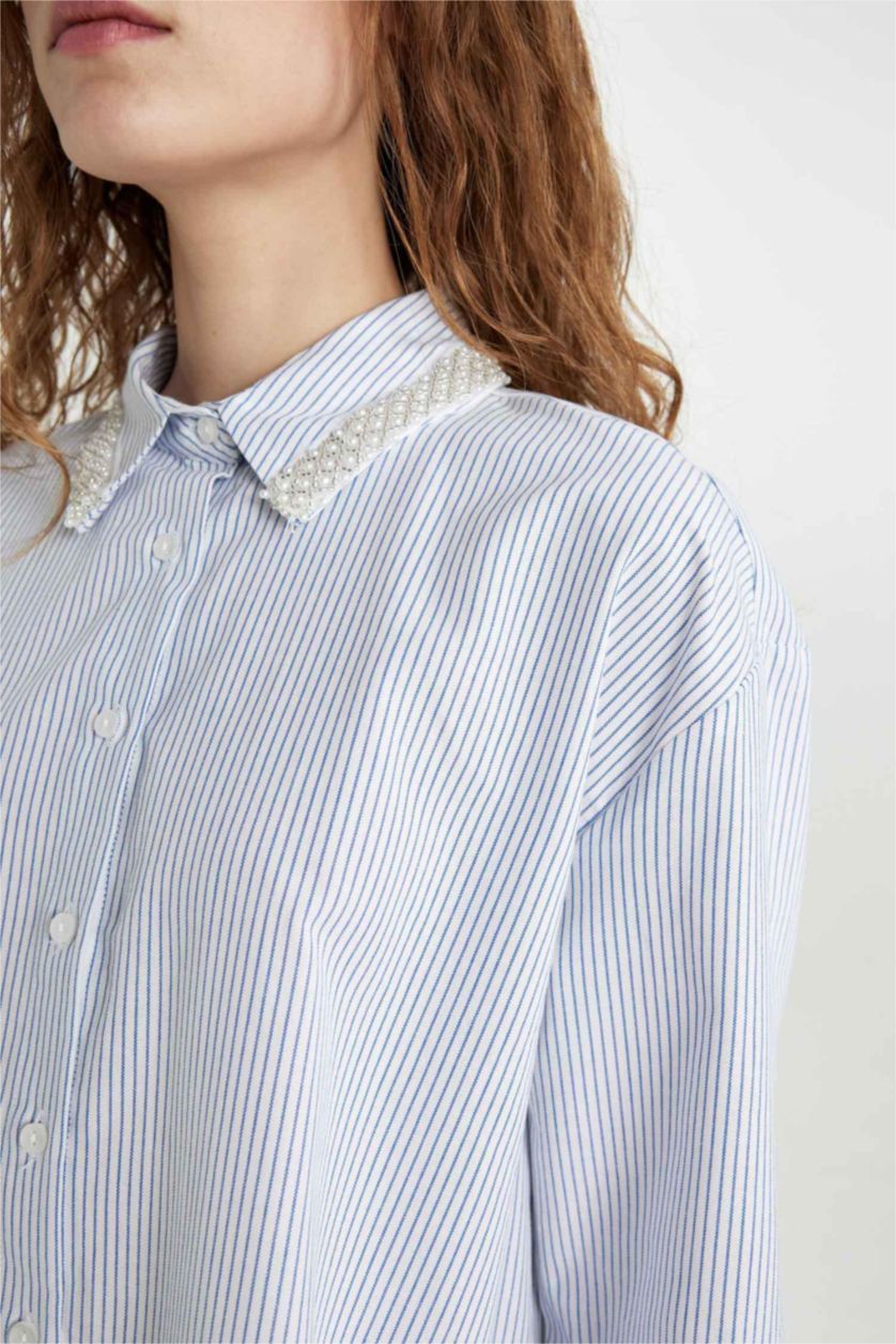 Woman White Oversize Fit Shirt Collar Striped Collar Beaded Detail Shirt