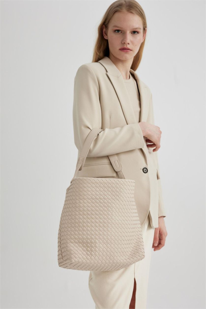 Kadın Bej Kadın Örgü Desenli Büyük Suni Deri Omuz Çantası