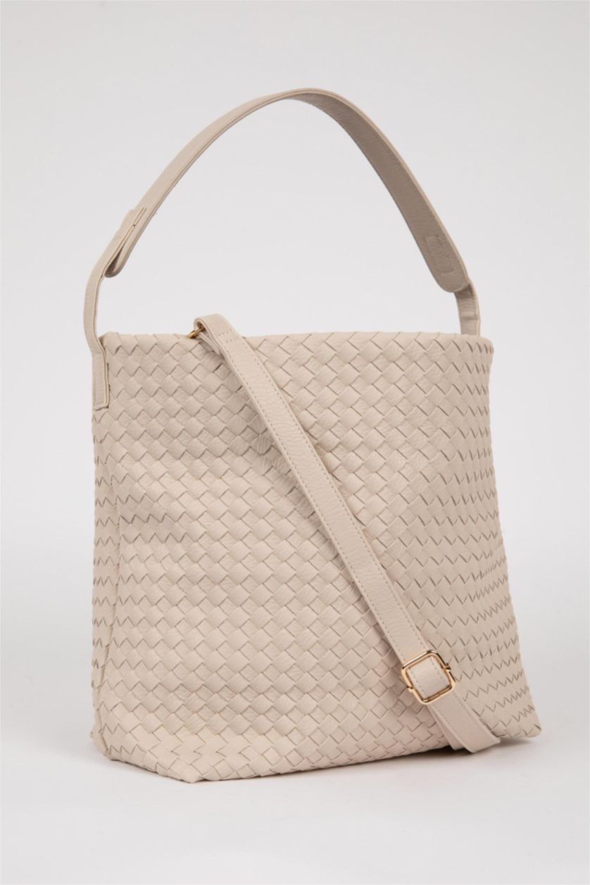 Kadın Bej Kadın Örgü Desenli Büyük Suni Deri Omuz Çantası