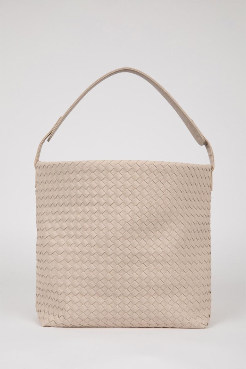 Kadın Bej Kadın Örgü Desenli Büyük Suni Deri Omuz Çantası