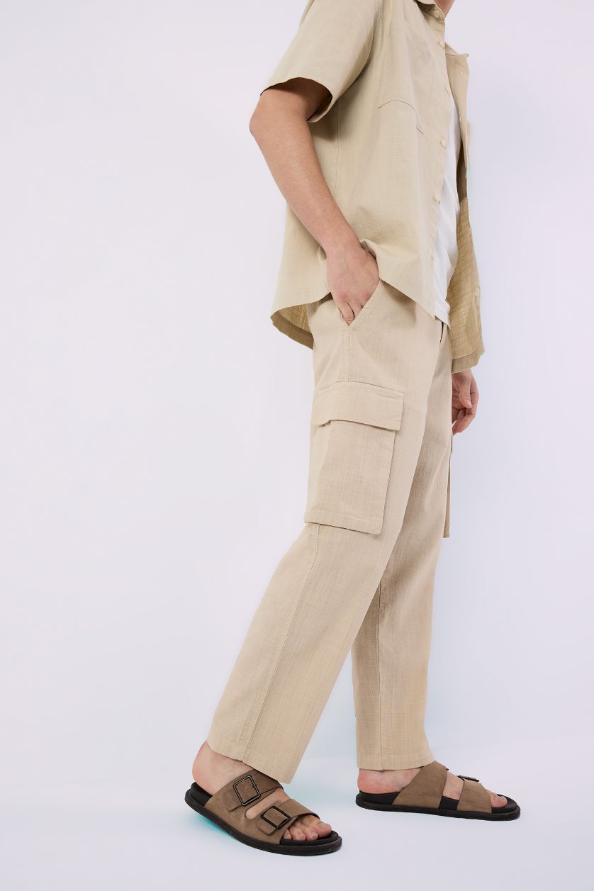 MAN Light Beige Wide Leg With Cargo Pocket Linen Look Trousers