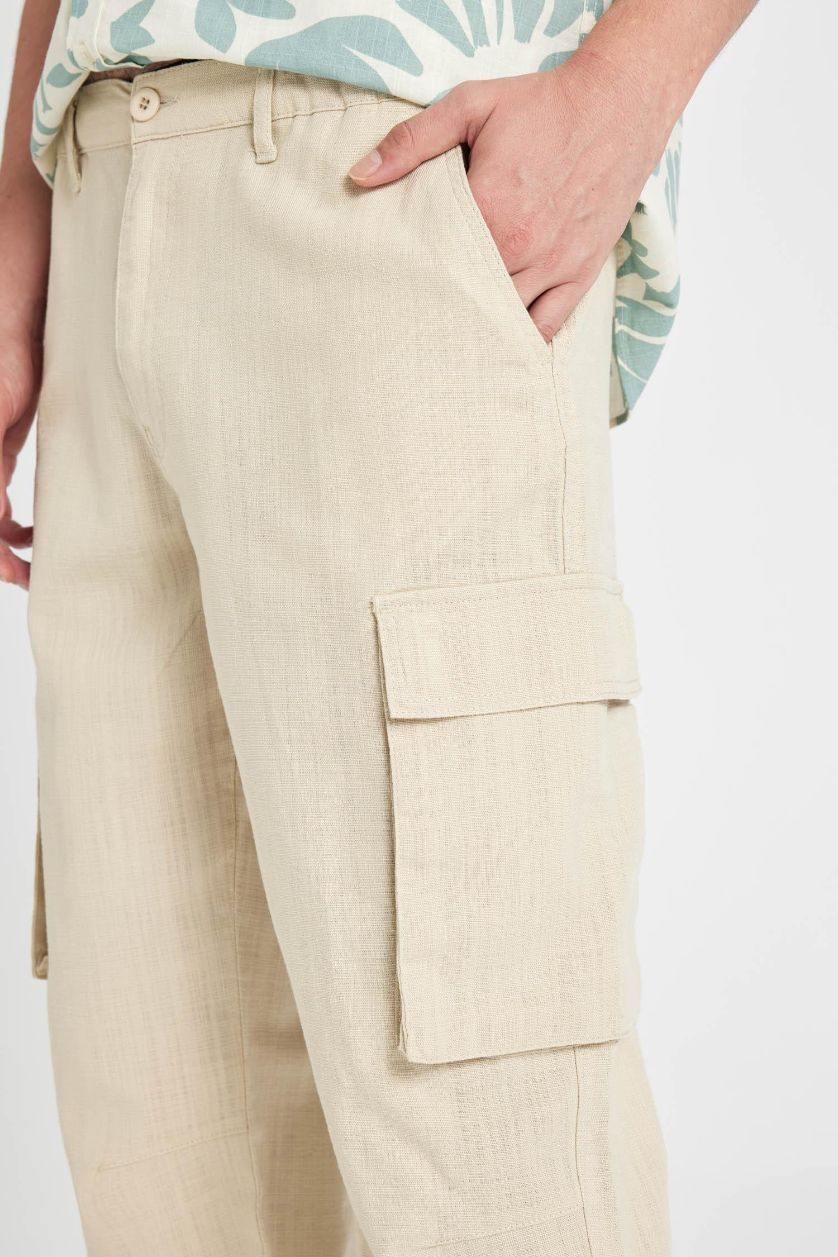 MAN Light Beige Wide Leg With Cargo Pocket Linen Look Trousers