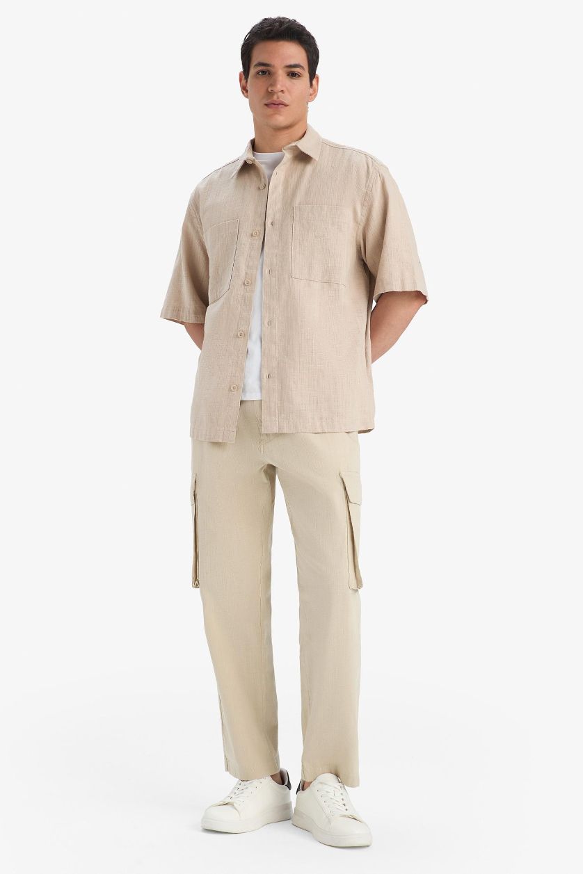 Erkek Bej %100 Pamuk Wide Leg Bol Rahat Kesim Kargo Cepli Keten Görünümlü Yazlık Pantolon