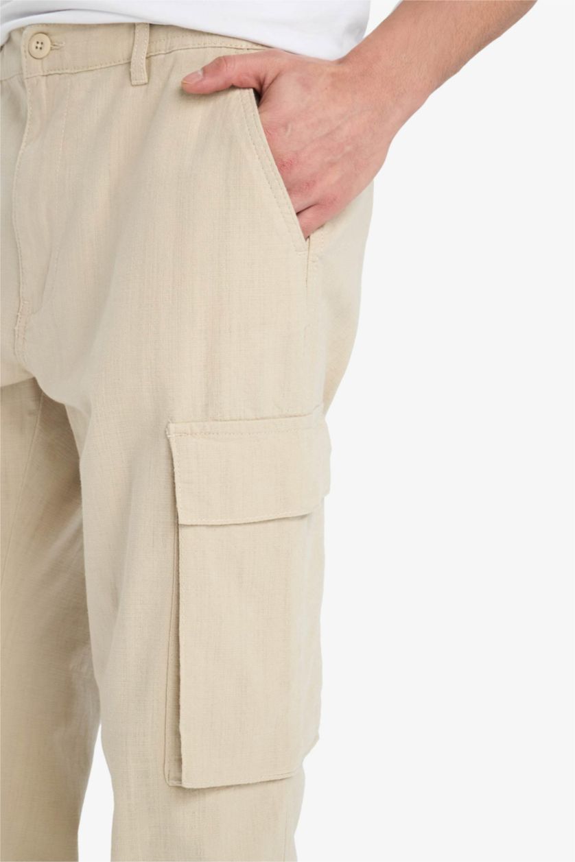 Erkek Bej %100 Pamuk Wide Leg Bol Rahat Kesim Kargo Cepli Keten Görünümlü Yazlık Pantolon