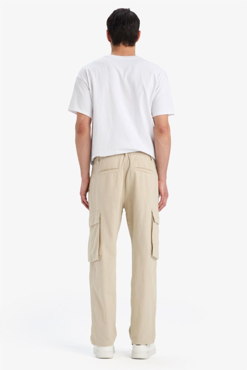 Erkek Bej %100 Pamuk Wide Leg Bol Rahat Kesim Kargo Cepli Keten Görünümlü Yazlık Pantolon