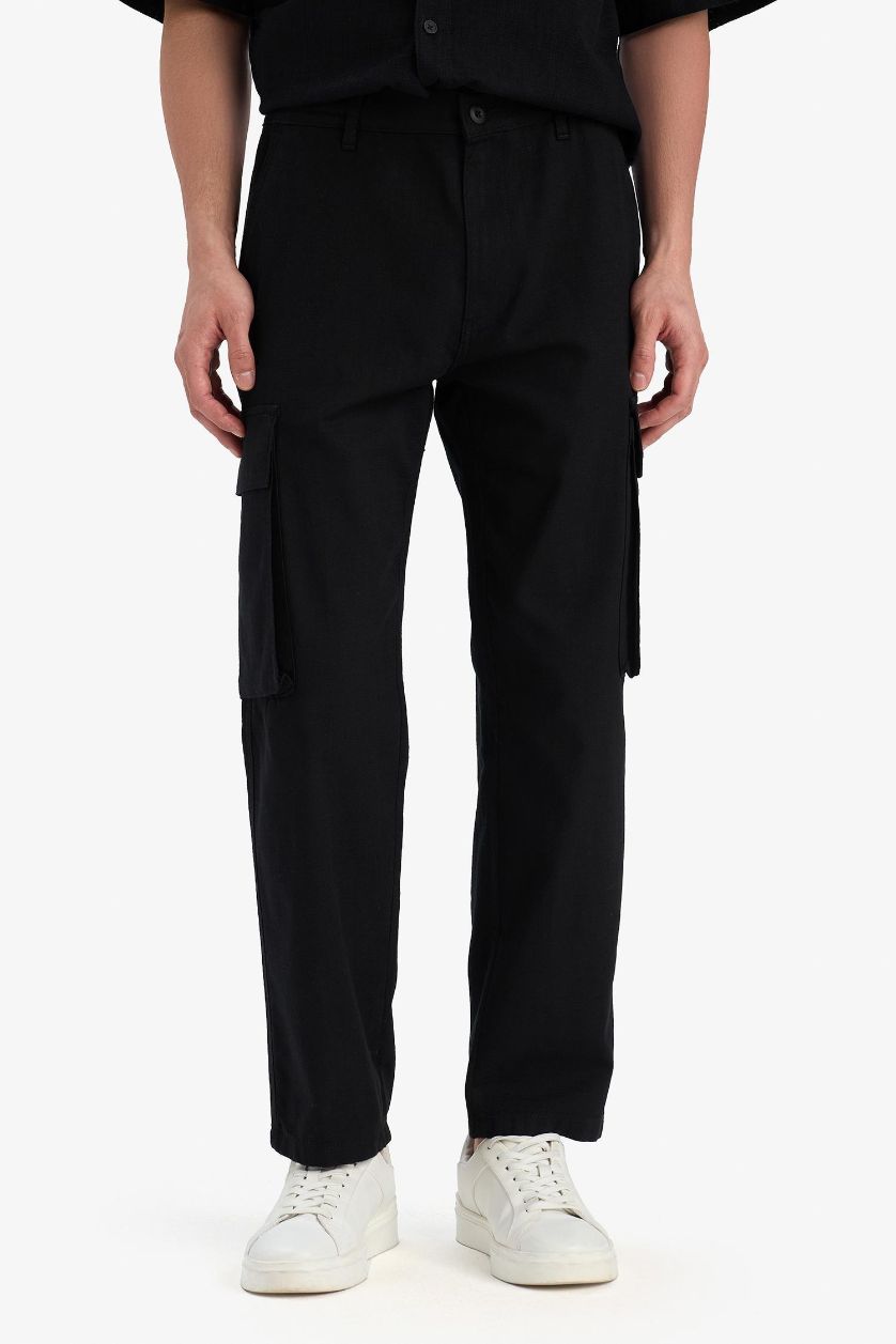 Erkek Siyah %100 Pamuk Wide Leg Bol Rahat Kesim Kargo Cepli Keten Görünümlü Yazlık Pantolon