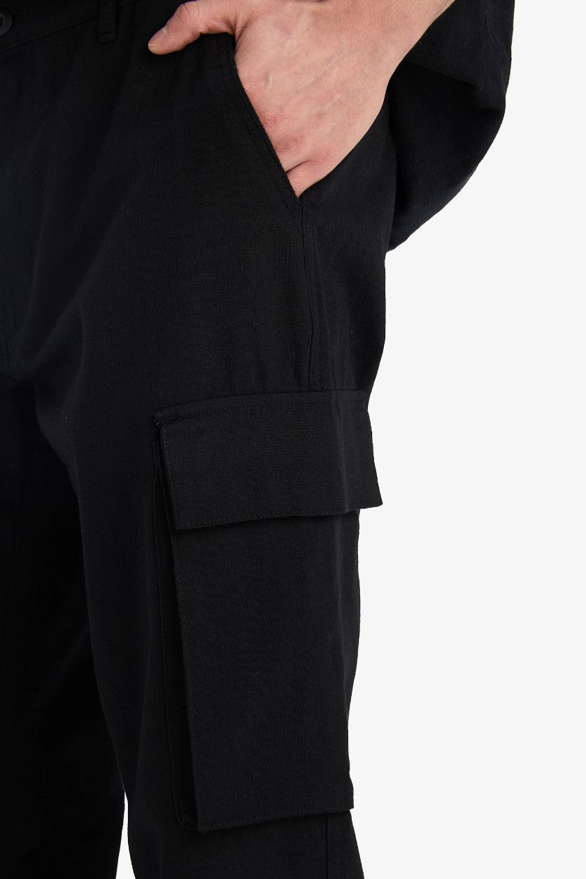 Erkek Siyah %100 Pamuk Wide Leg Bol Rahat Kesim Kargo Cepli Keten Görünümlü Yazlık Pantolon