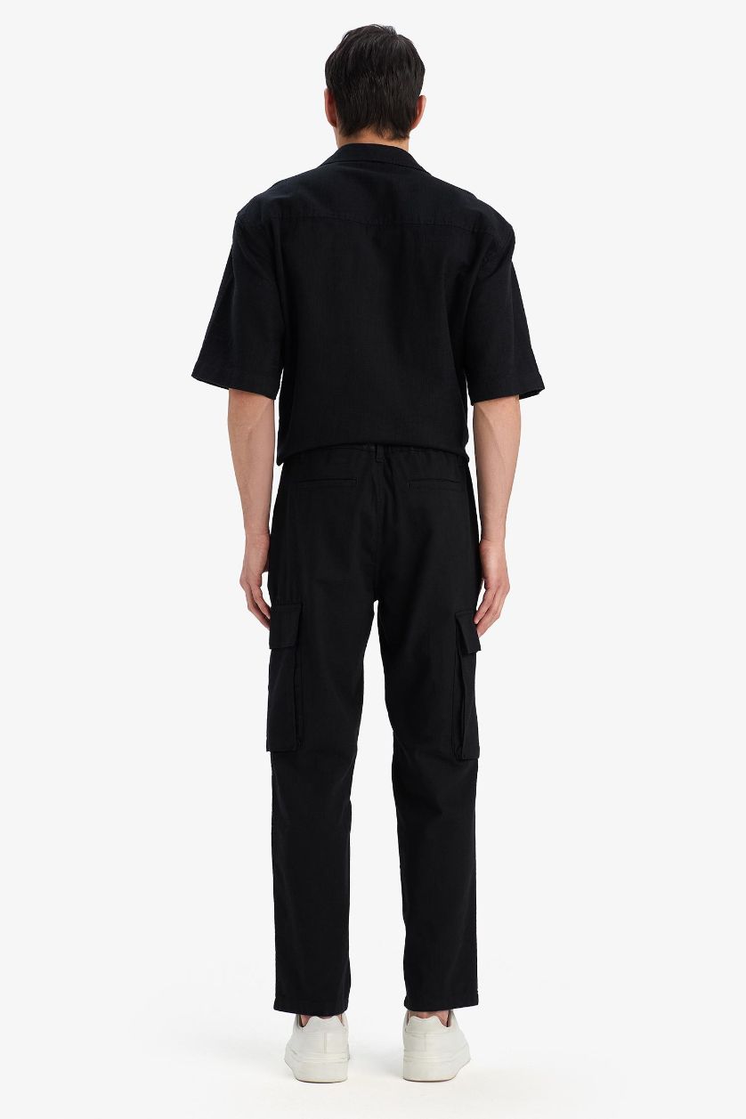 Erkek Siyah %100 Pamuk Wide Leg Bol Rahat Kesim Kargo Cepli Keten Görünümlü Yazlık Pantolon