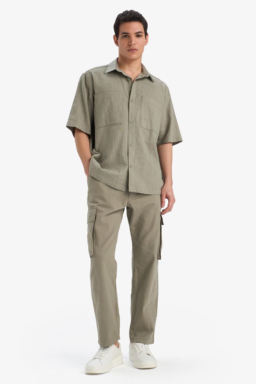 Man Light Khaki Wide Leg With Cargo Pocket Linen Look Trousers
