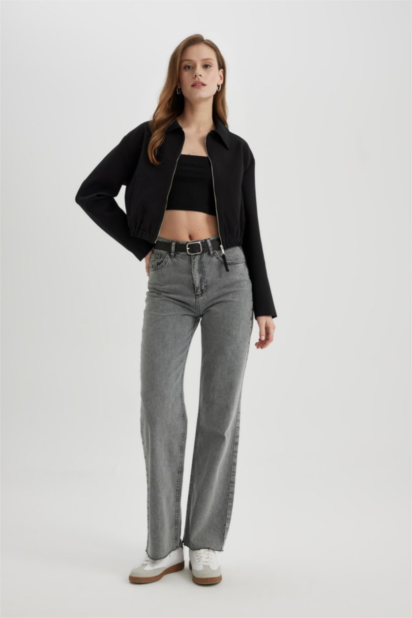 FEMME Noir Jacket Bomber à Col Chemise avec poches