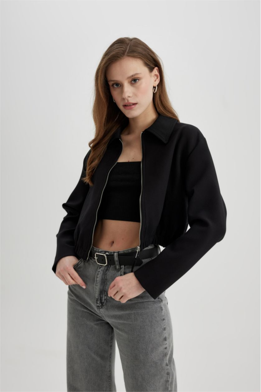 FEMME Noir Jacket Bomber à Col Chemise avec poches