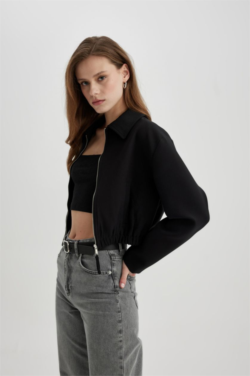 FEMME Noir Jacket Bomber à Col Chemise avec poches