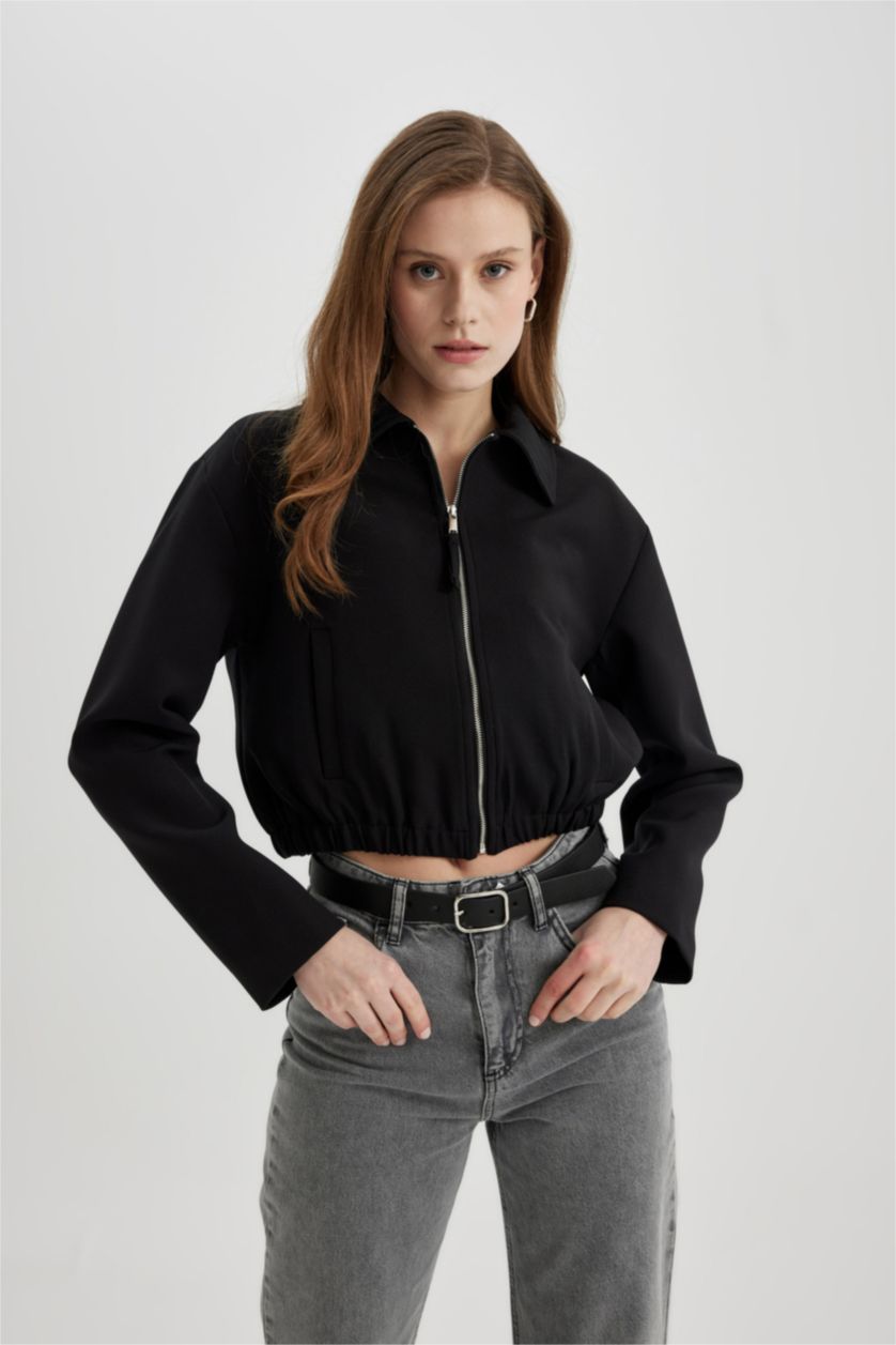 FEMME Noir Jacket Bomber à Col Chemise avec poches