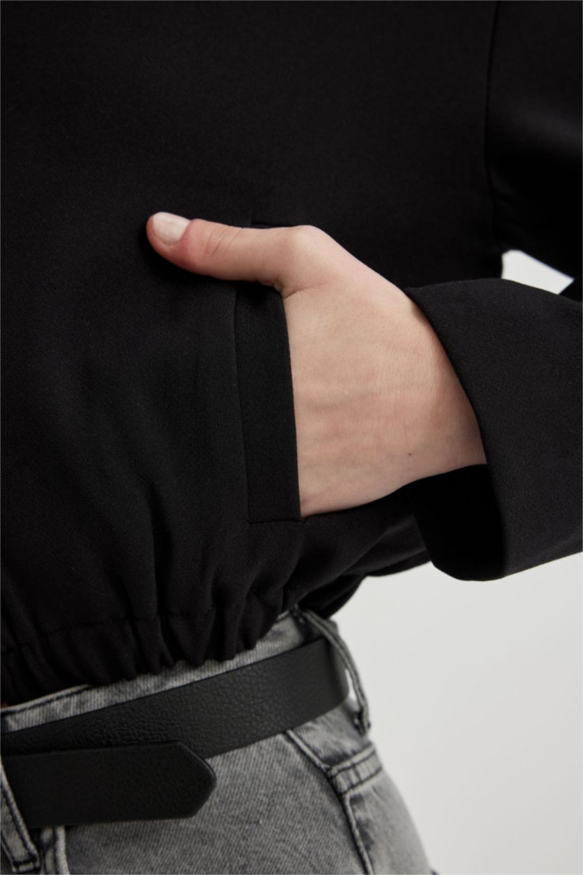 FEMME Noir Jacket Bomber à Col Chemise avec poches