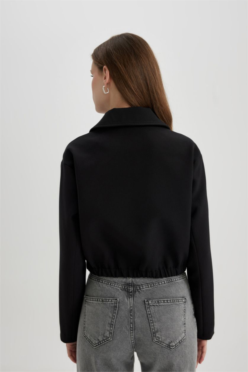 FEMME Noir Jacket Bomber à Col Chemise avec poches
