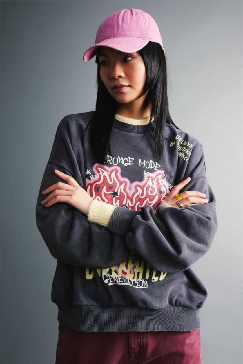 Women Anthracite Oversize Fit Thick Sweatshirt Fabric Sweatshirt