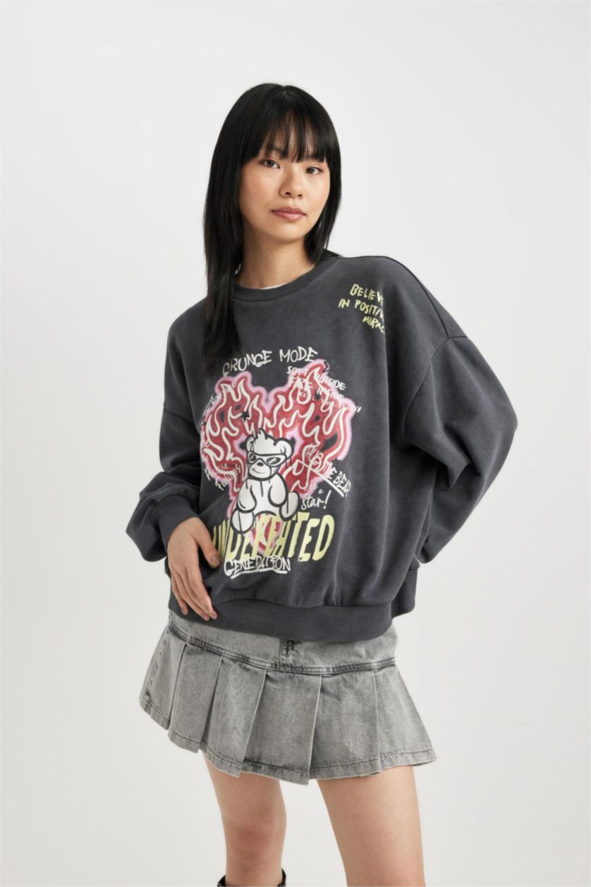 Women Anthracite Oversize Fit Thick Sweatshirt Fabric Sweatshirt