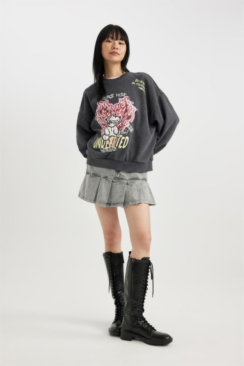 Women Anthracite Oversize Fit Thick Sweatshirt Fabric Sweatshirt