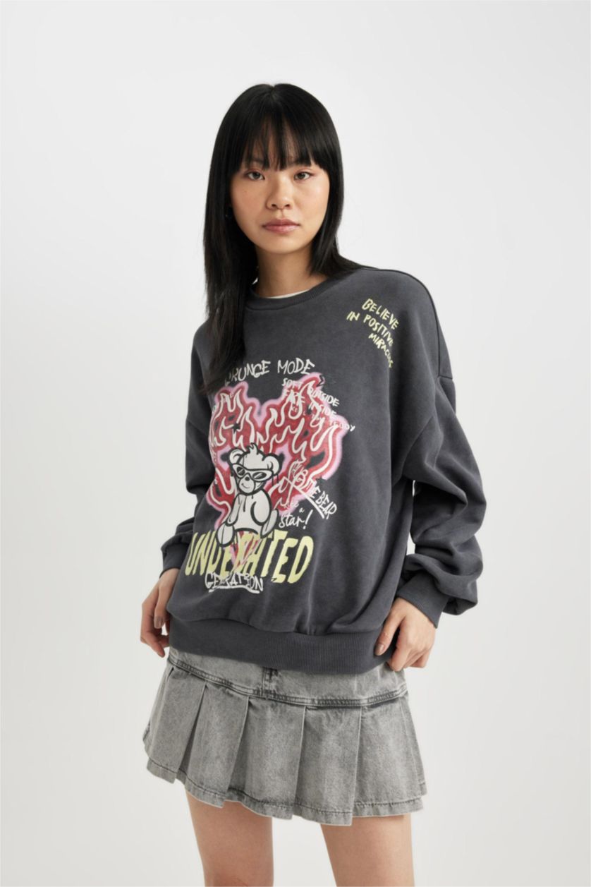 Women Anthracite Oversize Fit Thick Sweatshirt Fabric Sweatshirt