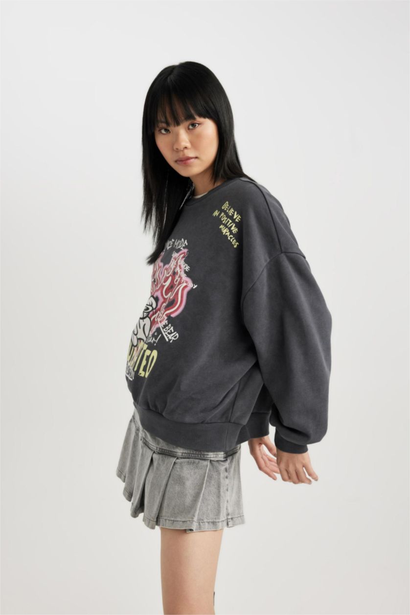 Women Anthracite Oversize Fit Thick Sweatshirt Fabric Sweatshirt