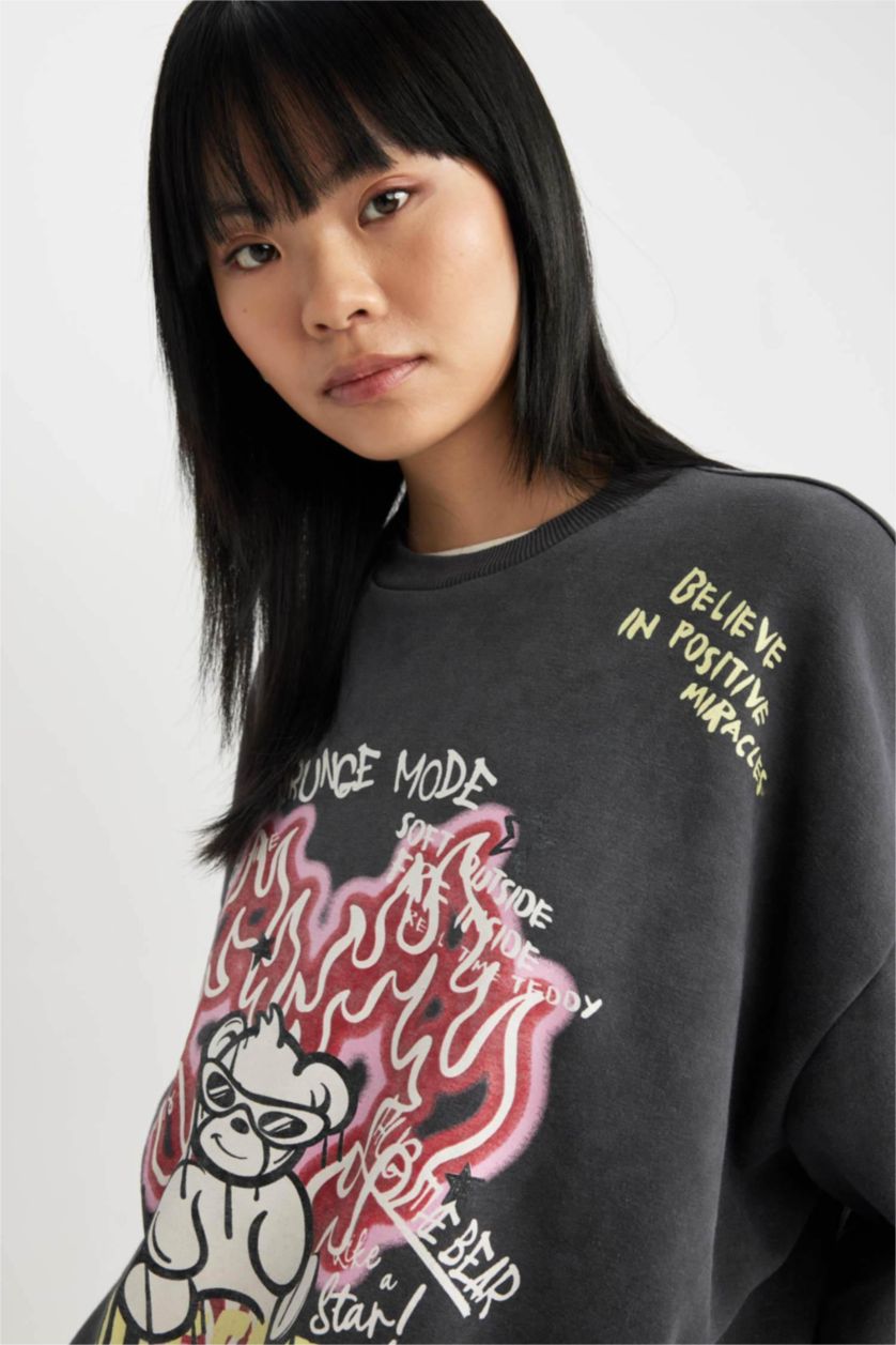 Women Anthracite Oversize Fit Thick Sweatshirt Fabric Sweatshirt