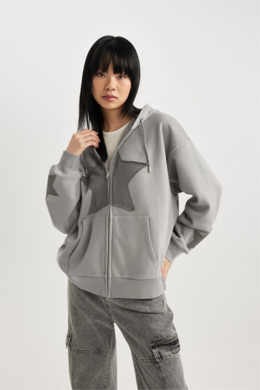 WOMAN Light Grey Oversize Fit Thick Sweatshirt Fabric Cardigan