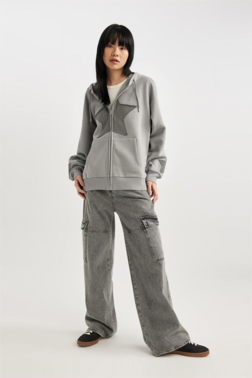 WOMAN Light Grey Oversize Fit Thick Sweatshirt Fabric Cardigan