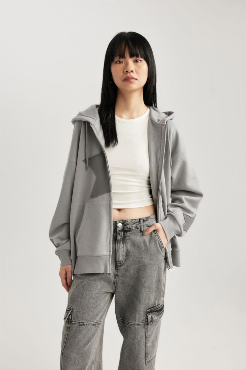 WOMAN Light Grey Oversize Fit Thick Sweatshirt Fabric Cardigan