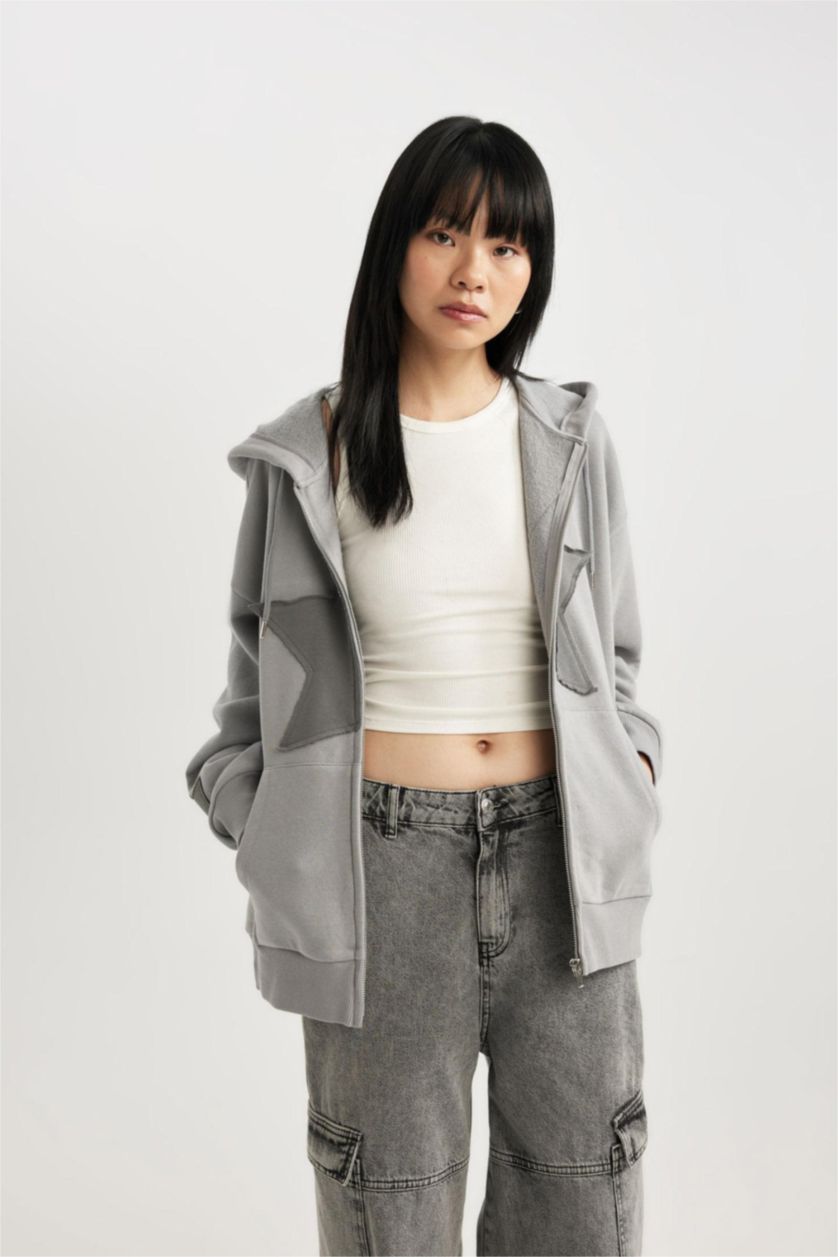 WOMAN Light Grey Oversize Fit Thick Sweatshirt Fabric Cardigan